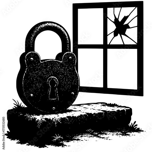 Vintage padlock on stone beside broken window in black and white