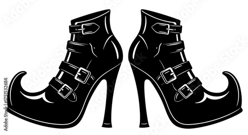 Pair of black witch shoes with buckles and pointed toes.