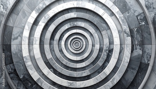 Concentric circular design constructed of varied grey marble tiles