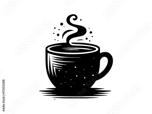Steaming coffee cup silhouette with rising smoke and small particles for a cozy morning vibe