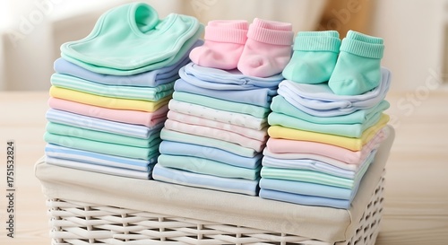 Neatly Folded Baby Clothes and Accessories in a Basket.
