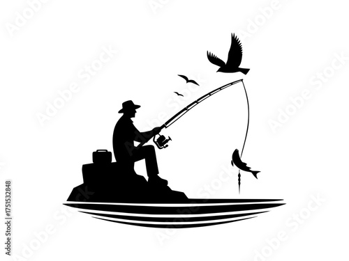 Silhouette fisherman sitting on rock casting rod ocean waves seagulls bird catching fish