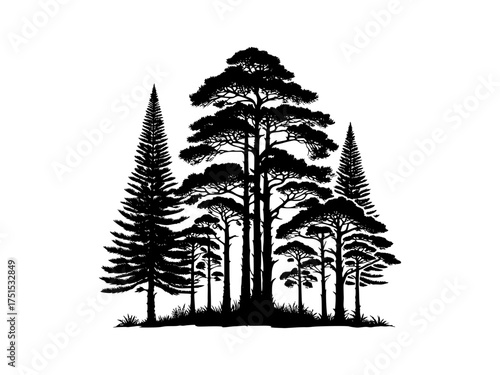 Silhouette forest scene majestic evergreen trees tall pine wooded landscape nature outdoors