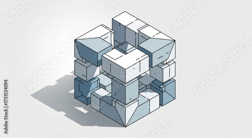 Abstract geometric cube illustration, composed of smaller blocks, creating a complex and modern design with subtle shading