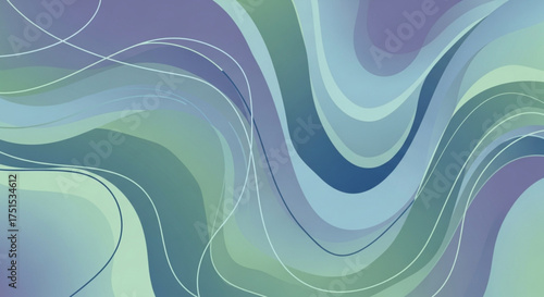 Abstract background with wavy lines in shades of blue, green, and purple creating a calming and serene atmosphere for graphic design projects