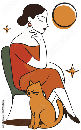An elegant illustration of a woman seated, gently with a cat, surrounded by abstract shapes, symbolizing peace and love. Pet care and pet adoption concept.