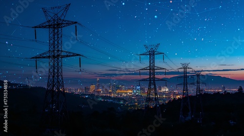 A mesmerizing night view of power lines silhouetted against a starry sky, overlooking a distant cityscape. The scene evokes a sense of industrial power and the beauty of the night sky.