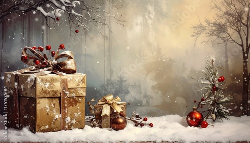 Golden Christmas Ornament and Gift Box in Snowy Winter Forest – Festive Holiday Scene with Warm Light and Snowfall