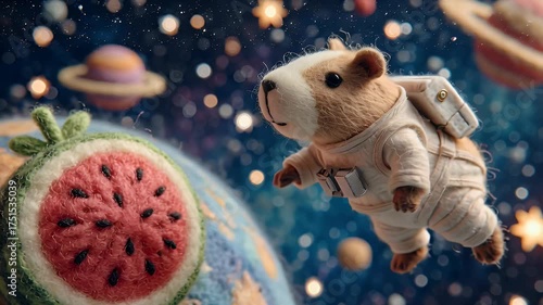 Astronaut hamster exploring space with planets and watermelon in a decorative cosmic scene