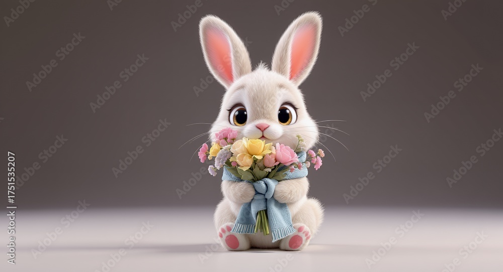 Fototapeta premium Adorable Fluffy Bunny Holding a Bouquet of Flowers