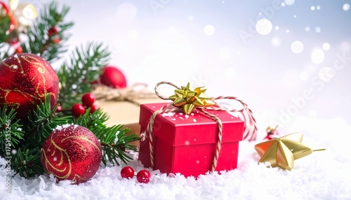 Christmas Gift Box Under Festive Tree – Holiday Decoration with Golden Present, Ornaments and Snowy Lights