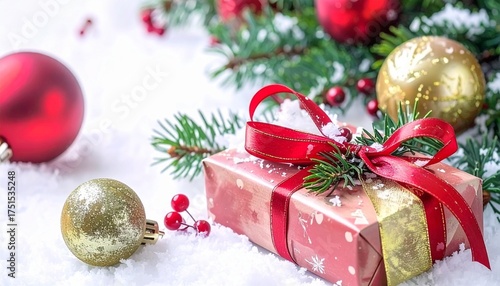 Christmas Gift Box Under Festive Tree – Holiday Decoration with Golden Present, Ornaments and Snowy Lights