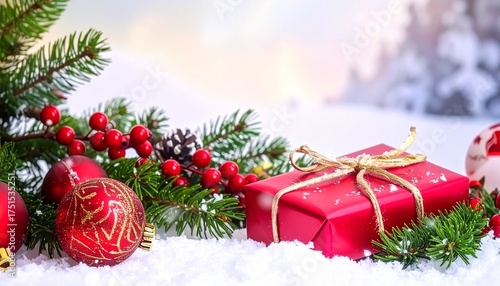 Christmas Gift Box Under Festive Tree – Holiday Decoration with Golden Present, Ornaments and Snowy Lights