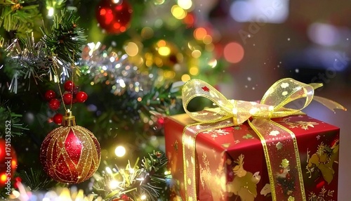 Christmas Gift Box Under Festive Tree – Holiday Decoration with Golden Present, Ornaments and Snowy Lights