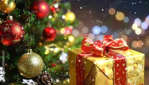 Christmas Gift Box Under Festive Tree – Holiday Decoration with Golden Present, Ornaments and Snowy Lights