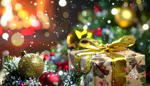 Christmas Gift Box Under Festive Tree – Holiday Decoration with Golden Present, Ornaments and Snowy Lights