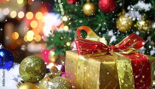 Christmas Gift Box Under Festive Tree – Holiday Decoration with Golden Present, Ornaments and Snowy Lights