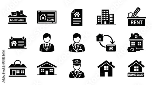 Real Estate Icons Mortgage, Loan, Rent, and Home Sale Symbols in Black and White