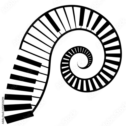 Creative swirling piano keys create a musical vortex of sound and inspiration