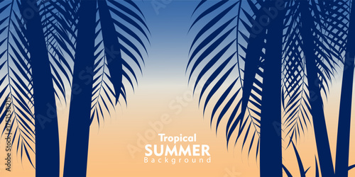 Hawaiian summer posters. Set of tropical cards with palm tree silhouettes. Templates for card, beach party flyer and invitation. Sea ​​sunset, evening sky. Vector illustration, meshes.