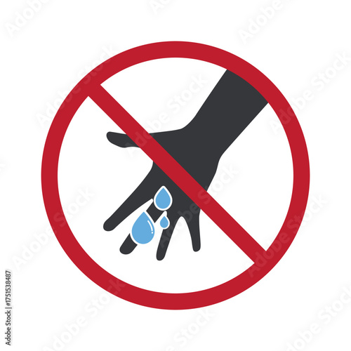 Isolated prohibition sign showing wet hand with water drops, warning against touching electrical equipment or working with wet hands.