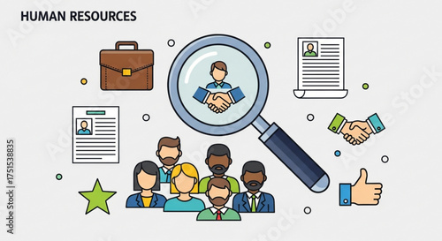 Illustration depicting human resources, with a magnifying glass highlighting candidates, resumes, and teamwork, symbolizing the recruitment process and talent acquisition
