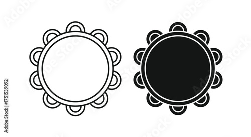A pair of tambourines one outlined and one solid black graphic on a white background.
