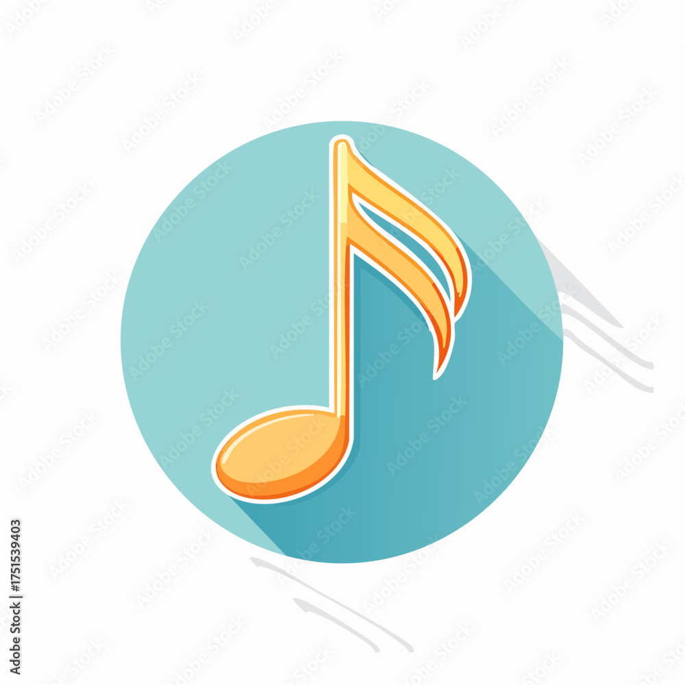 Obraz premium A golden sixteenth musical note icon in a flat design style with a long shadow on a blue circular background.