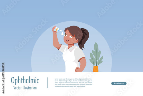 Woman standing putting medical bottle drops to her eyes. Dry Eyes, Allergy and Eye Itching treatment. Vector.