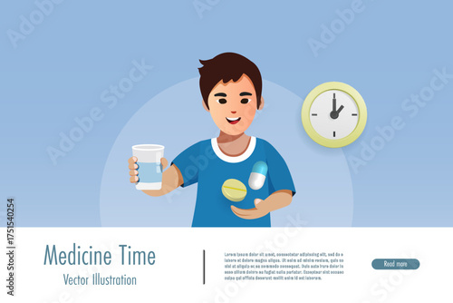 Medicine time. Happy boy holding glass of water and medicine on time. Vector.