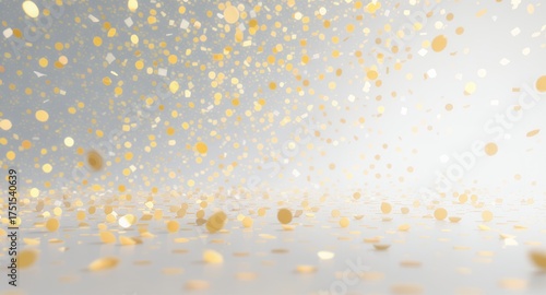 Golden Confetti Shower Falling Over White Surface With Soft Bokeh Background, Celebration Sparkle Scatter Falling From Above, Festive Abstract Background, Party Glitter Explosion