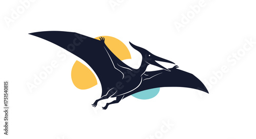 A dark silhouette of a pterodactyl takes flight against a backdrop of abstract circles and a white background.