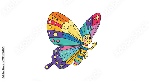 A vibrantly colored cartoon butterfly with big happy eyes and swirling antenna is waving hello.