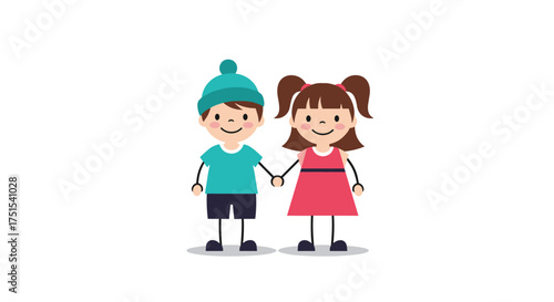 Two happy children holding hands with smiles on their faces on a white background.