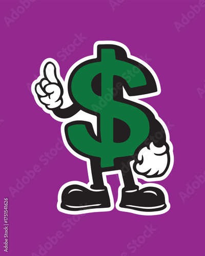 Cartoon dollar sign character giving thumbs up on purple, perfect for finance, business, or investment concepts, fun and engaging for a modern audience