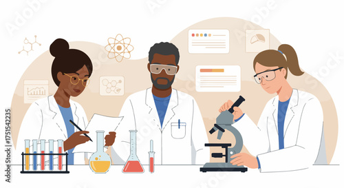 Diverse scientific team collaborating in a modern laboratory, conducting experiments with advanced equipment for research and discovery.