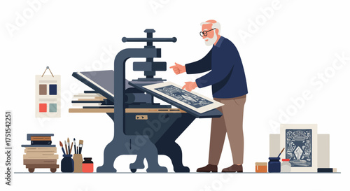 Senior artisan operating a vintage printing press, crafting artistic prints with traditional techniques in a historic workshop environment.