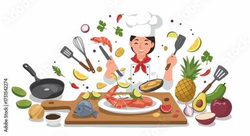 Smiling chef preparing fresh seafood and healthy ingredients with various kitchen tools on a white background, representing culinary expertise and delicious healthy meals.