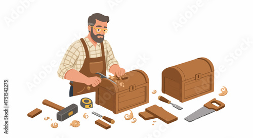 Woodworker crafting a wooden chest with traditional tools, surrounded by supplies and shavings, showcasing skilled carpentry and craftsmanship.