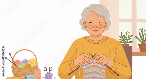 Happy senior woman knitting a colorful project at home, surrounded by yarn and craft supplies, enjoying a peaceful and creative hobby.