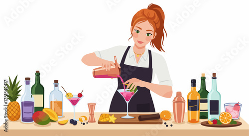 Female Bartender Crafting a Vibrant Pink Cocktail with Fresh Fruits and Bar Tools on a Clean White Background.