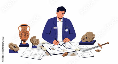 Archaeologist studying ancient artifacts and blueprints, meticulously documenting historical discoveries and excavation plans in a dedicated research environment.