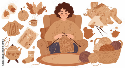 Cozy autumn knitting scene with a woman enjoying her craft in an armchair, surrounded by yarn, sweaters, tea, and fall elements, evoking warmth and hobby.
