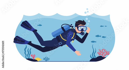 Man Scuba Diving in Blue Ocean with Fish and Coral Reef Illustration