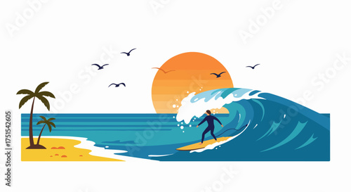 Vibrant illustration of a surfer riding a powerful ocean wave during a beautiful sunset, with palm trees on a tropical beach, capturing summer sport and adventure.