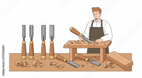 A skilled carpenter works on wood with a chisel, surrounded by various woodworking tools and wood shavings, showcasing traditional craftsmanship and manual artistry.
