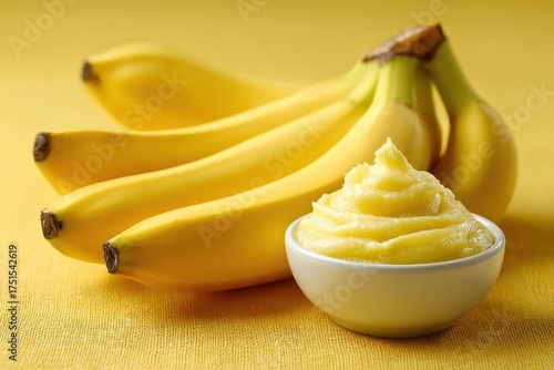 Bunch of ripe yellow bananas with small bowl of banana puree
