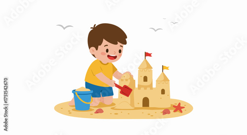 Happy little boy building a magnificent sandcastle on a sunny beach, enjoying summer vacation and creative play with a shovel and bucket.