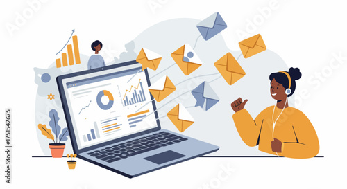 Smiling professional manages successful email marketing campaigns and analyzes performance data on a laptop, illustrating digital communication strategy and business growth.