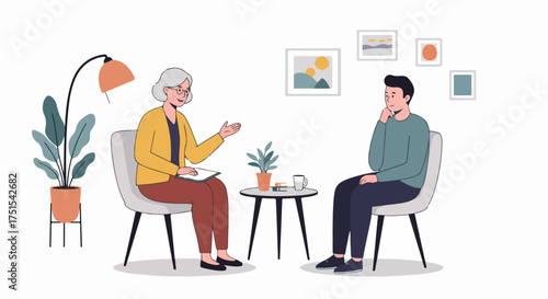 Illustration of a psychotherapy session, where a female psychologist actively listens and counsels a male patient in a comforting office setting.